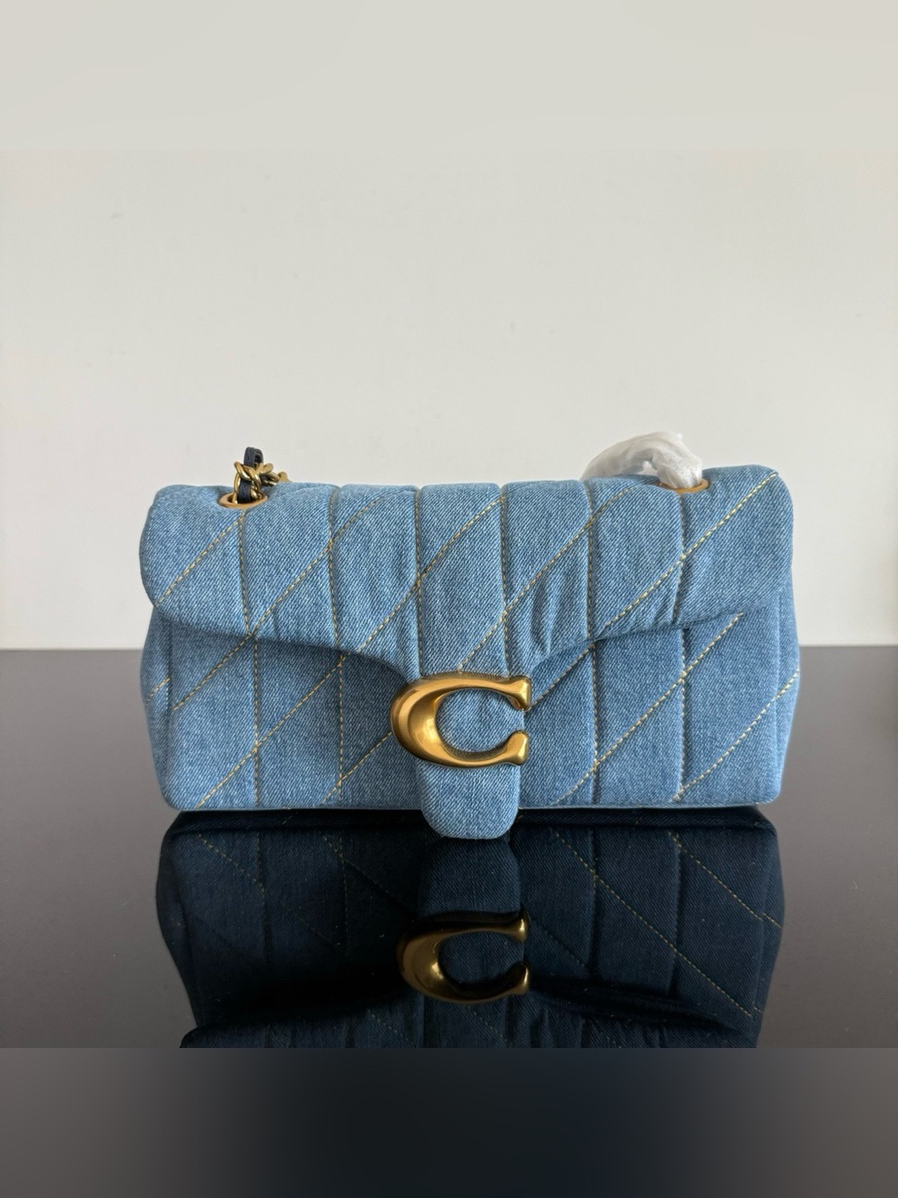 Coach Light Blue Quilted Denim Shoulder Bag with Gold C Lock